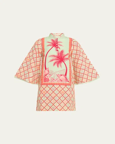Verandah Palm Panel Mini Kaftan Dress In Coral