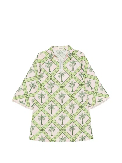 Verandah Palm-print Bell-sleeve Mini Dress In Green
