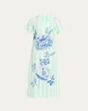 Verandah Peonies And Stripe Midi Shirtdress In Turquoiseaqua