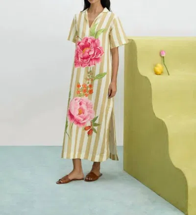 Verandah Peonies And Stripe Shirt Dress In Yellow