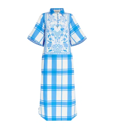 Verandah Printed Collared Tunic Midi Dress In Blue
