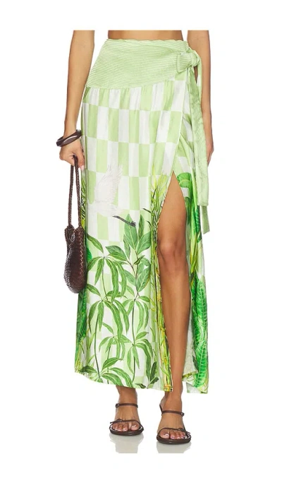 Verandah Pushpanjali Wrap Maxi Skirt In Sage Green Foliage & Checks
