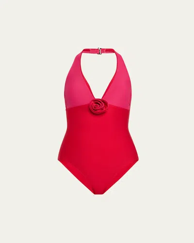 Verandah Rosette Halter One-piece Swimsuit In Raspberry And Deep Red