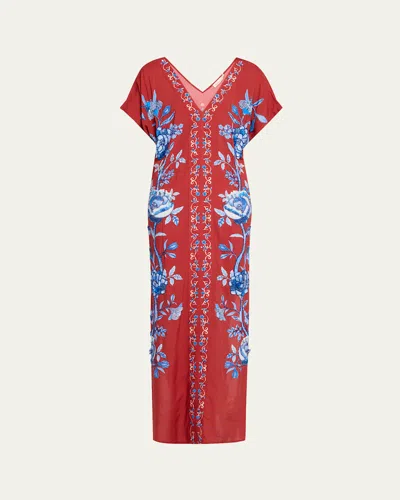 Verandah Rust Floral Draped Dress In Red