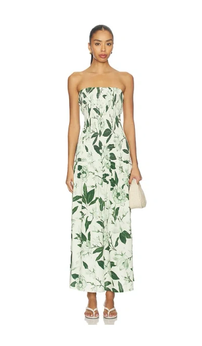 Verandah Smocked Summer Maxi Dress In Ivory & Emerald Green Magnolias