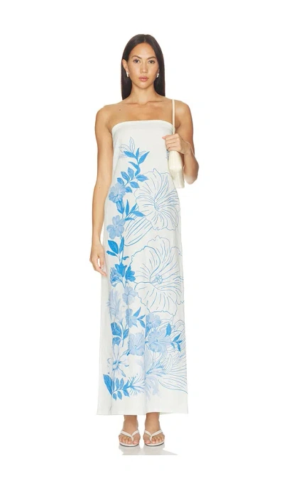 Verandah Strapless Tulip Gown In Ivory & Blue Floral Linear Panel