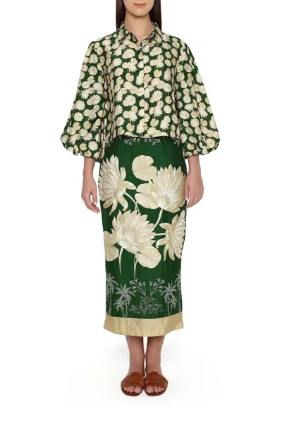 Verandah Summer Crop Shirt In Emerald And Sand Water Lily Print In Green