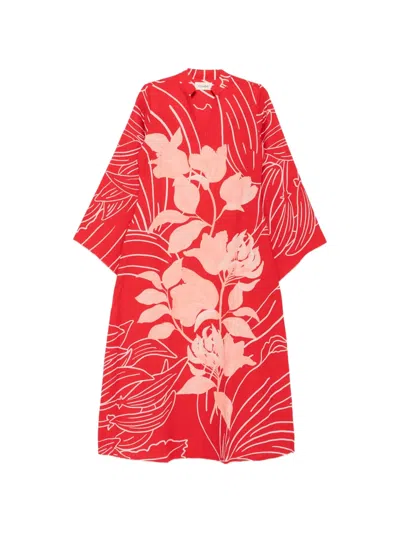 Verandah Wild Tulip Floral-print Long-sleeve Midi Dress In Red