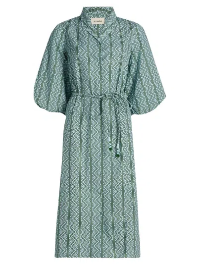 Verandah Women's Tie-waist Printed Cotton Poplin A-line Shirtdress In Blue