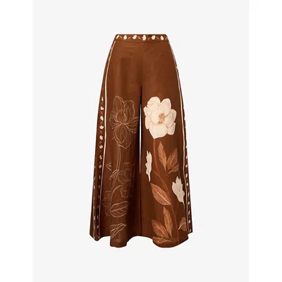 Verandah Womens Brown Magnolia Linear Pa Magnolia Linen And Cotton-blend Flared Trousers