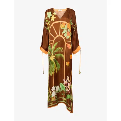 Verandah Womens Chocolate Bamboo Coconut Drawstring Kaftan Woven Maxi Dress In Multi