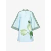 Verandah Womens Ice Blu Emrld Lotus Toda Anj Cotton-hemp Kaftan Mini Dress In Multi