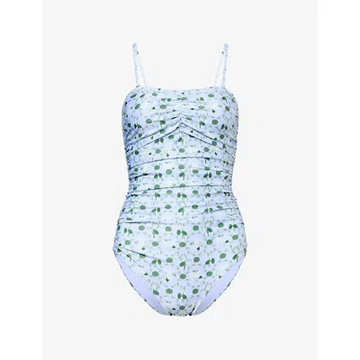 Verandah Womens Ice Blue Emerald Lotus Floral-print Side-ruched Maillot Swimsuit
