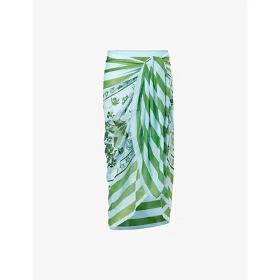 Verandah Womens Ice Blue Leaf Grn Floral Printed Cotton-silk Sarong In Green