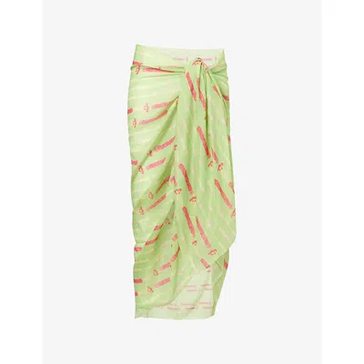 Verandah Womens Sage Green Floral Stripe Printed Cotton-silk Sarong