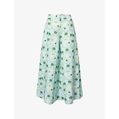 Verandah Womens Ice Blue Emrld Lotus Chk Flared-leg Cotton And Linen-blend Trousers In Green