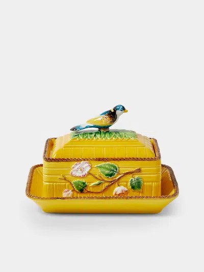 Verdolini Bird And Flowers Hand-painted Majolica Ceramic Box With Stand In Yellow