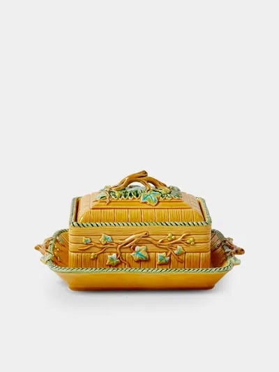 Verdolini Branches Hand-painted Majolica Ceramic Box With Stand In Brown