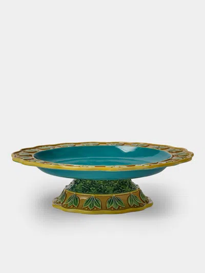Verdolini Chestnut Hand-painted Majolica Ceramic Cake Stand In Blue