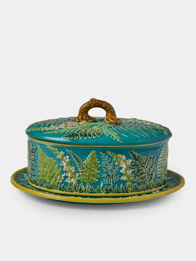Verdolini Foliage Hand-painted Majolica Ceramic Oval Casserole Dish With Stand In Green