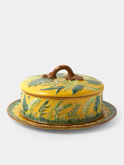 Verdolini Foliage Hand-painted Majolica Ceramic Round Casserole Dish With Stand In Multi
