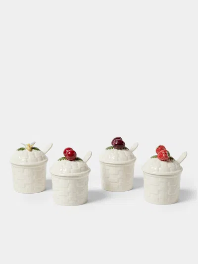 Verdolini Hand-painted Majolica Ceramic Jam And Honey Jars (set Of 4) In White