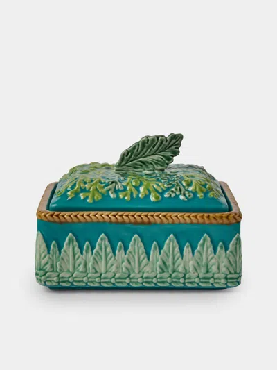 Verdolini Leaves Hand-painted Majolica Ceramic Box In Green