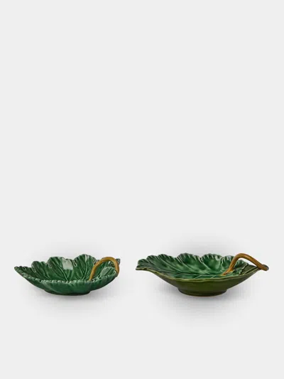 Verdolini Leaves Hand-painted Majolica Ceramic Serving Dishes (set Of 2) In Green