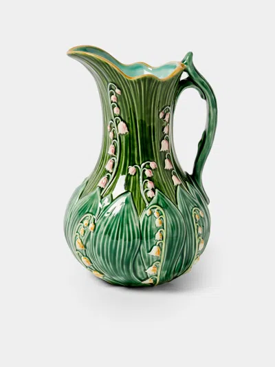 Verdolini Lily Of The Valley Hand-painted Majolica Ceramic Pitcher In Green