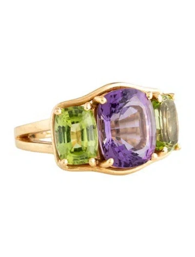 Pre-owned Verdura 18k Amethyst & Peridot Three Stone Cocktail Ring In Multicolor