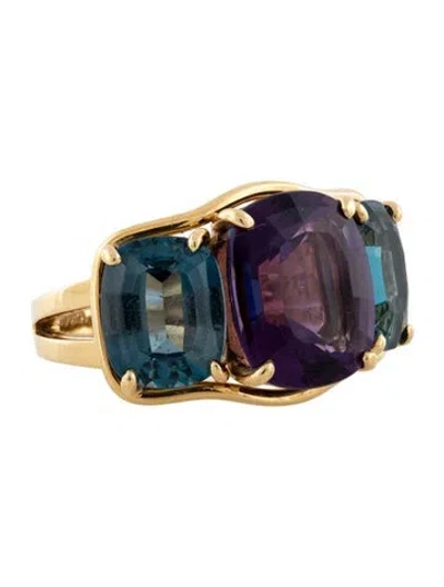 Pre-owned Verdura 18k Amethyst & Topaz Three Stone Cocktail Ring In Multicolor