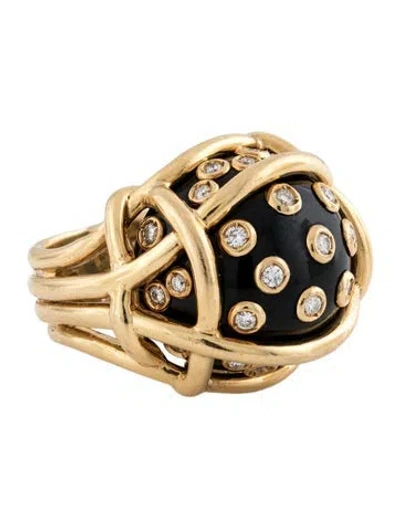 Pre-owned Verdura 18k Black Jade & Diamond Polka Dot Ring In Multi
