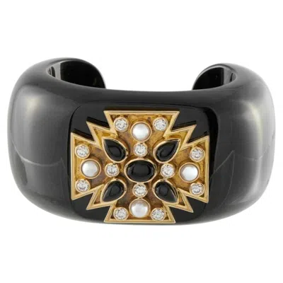 Pre-owned Verdura 18k Yellow Gold 2.20ct Diamond, Black Jade, Onyx And Pearl Cuff Bracelet
