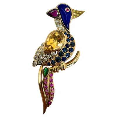 Pre-owned Verdura 18k Yellow Gold & Platinum Parrot Brooch With Multigem Accents