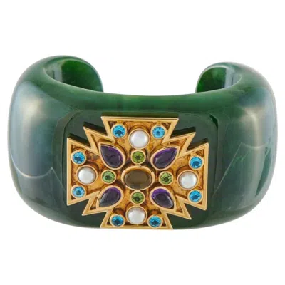 Pre-owned Verdura 18k Yellow Gold Nephrite Multi-gemstone Maltese Cross Cuff Bracelet