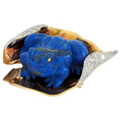 Pre-owned Verdura 1950's Lapis Diamond Platinum 18k Gold Vintage Frog On A Leaf Brooch In Multi