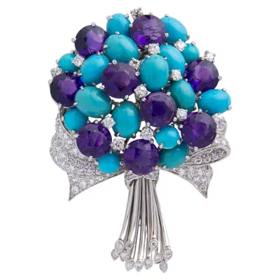 Pre-owned Verdura Amethyst, Turquoise, And Diamond Bouquet Brooch By  In Purple