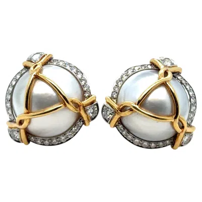 Pre-owned Verdura Caged Mab� Pearl Diamond 18 Karat Gold And Platinum Earrings Clip-on In Multiple