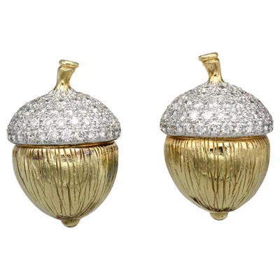 Pre-owned Verdura Diamond Platinum And 18 Karat Gold Acorn Earrings In Multi