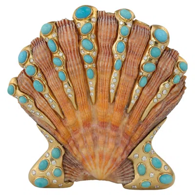 Pre-owned Verdura Lions Paw, Diamond, Turquoise & Gold Brooch In Multi