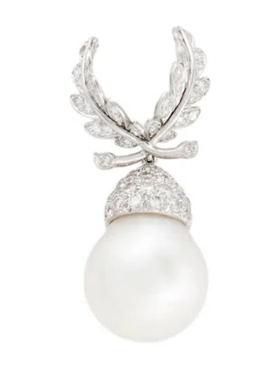 Pre-owned Verdura Platinum 1.85ct Pearl & Diamond Convertible Leaf Drop Pendant In Multi
