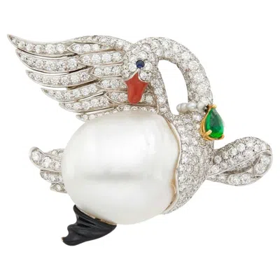 Pre-owned Verdura Platinum, Gold, Baroque Cultured Pearl, Diamond, Emerald And Enamel Swan In Green
