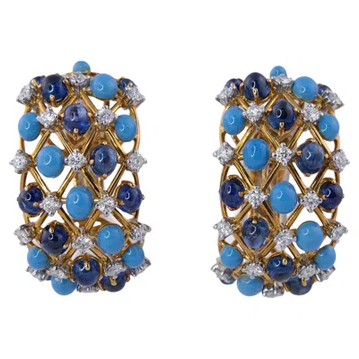 Pre-owned Verdura Turquoise, Cabochon Sapphire And Diamond Hoop Earrings In Blue