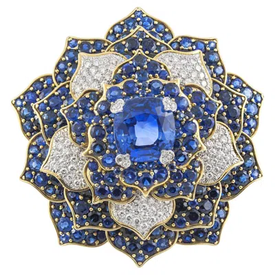 Pre-owned Verdura Vintage 1980s  20.01 Carat Sapphire Flower Brooch With Diamonds In Blue