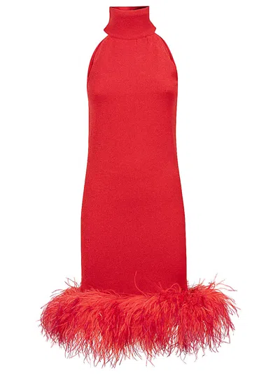 Verguenza Open Back Short Dress With Feathers In Red