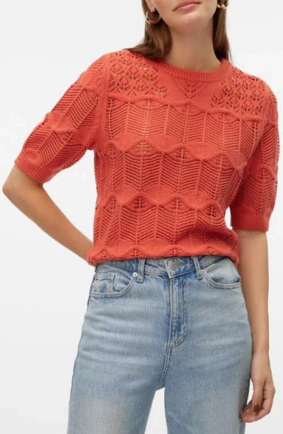 Vero Moda Alexia Short Sleeve Pointelle Cotton Blend Sweater In Burnt Sienna