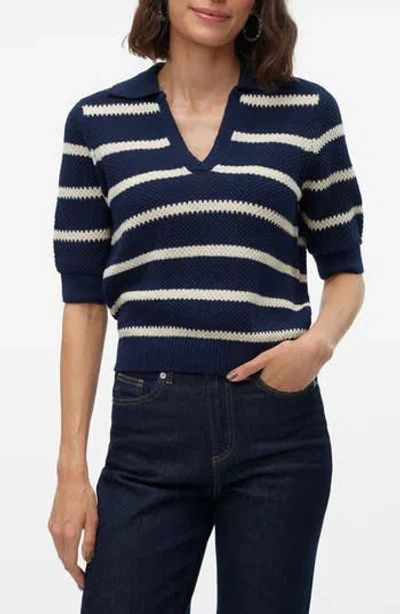Vero Moda Amazing Short Sleeve Polo Sweater In Navy Blazer Detail