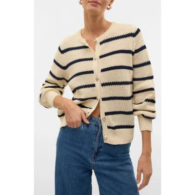 Vero Moda Amazing Stripe Button Front Cardigan In Birch Detailw Navy