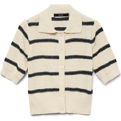 Vero Moda Cherry Stripe Short Sleeve Polo Cardigan In Birch Detail W/black