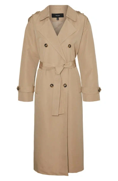 Vero Moda Chloe Belted Lightweight Loose Trench Coat In Cream Beige